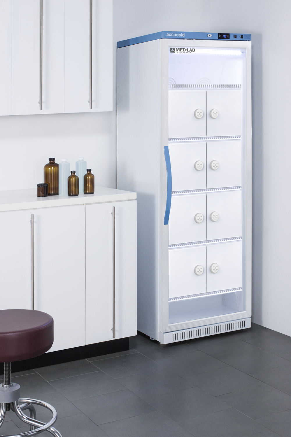 Performance series Med-Lab 15 cu.ft. upright glass door all-refrigerator with 8 interior lockers, with antimicrobial silver-ion handle and hospital grade cord with 'green dot' plug